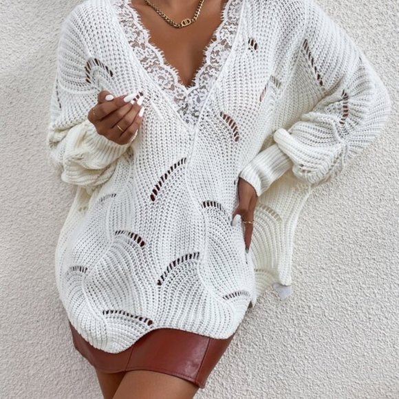 Off White Lace V neck Lantern Sleeve Sweater Top - Picture 3 of 10